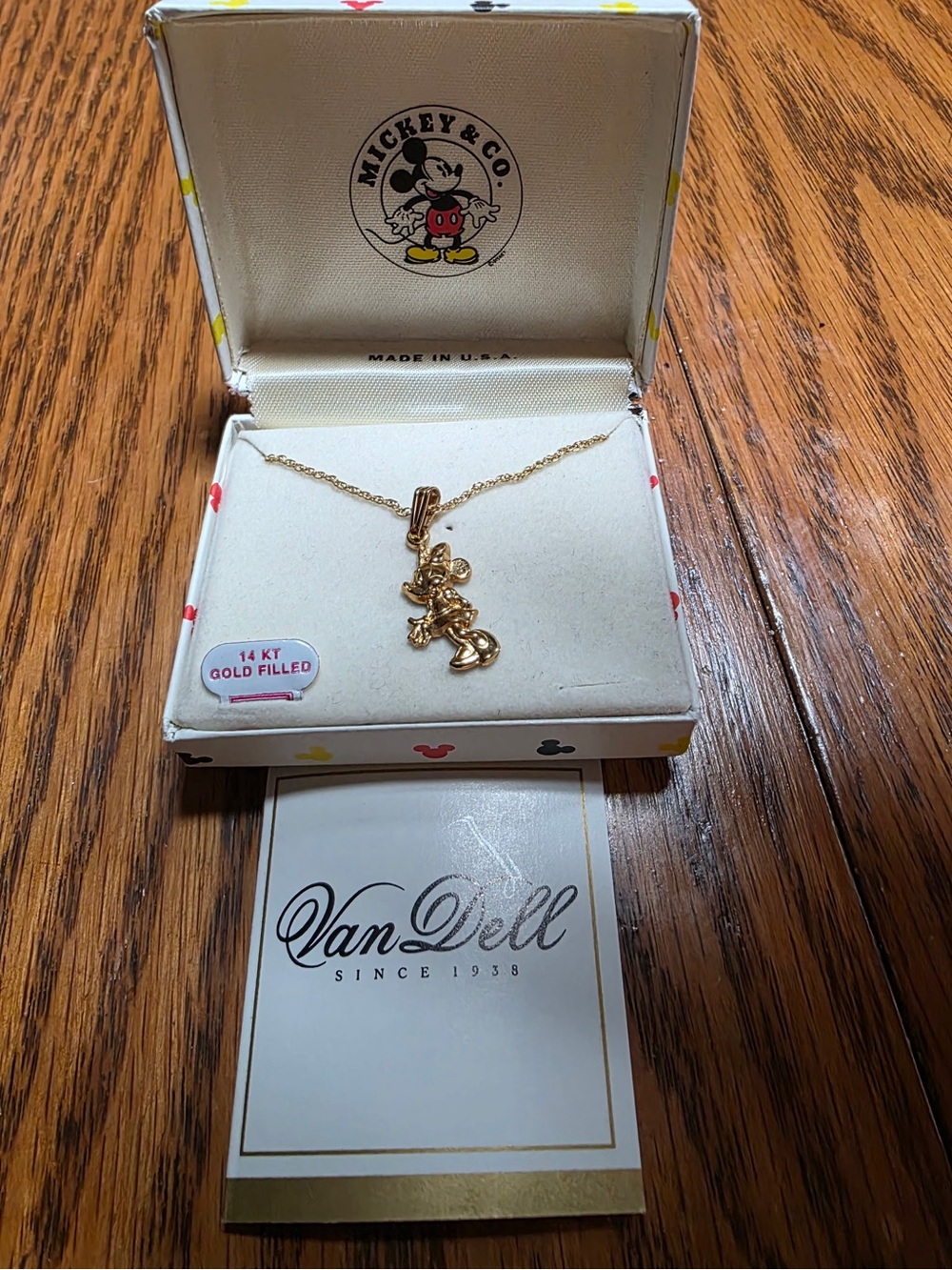 Vintage Disney Mickey Mouse 14KT Gold Filled Pendant Necklace Van Dell w/ Box